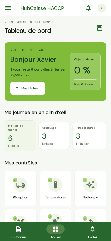 Capture réelle de l’accueil HubHygiène : tâches de la journée et contrôles