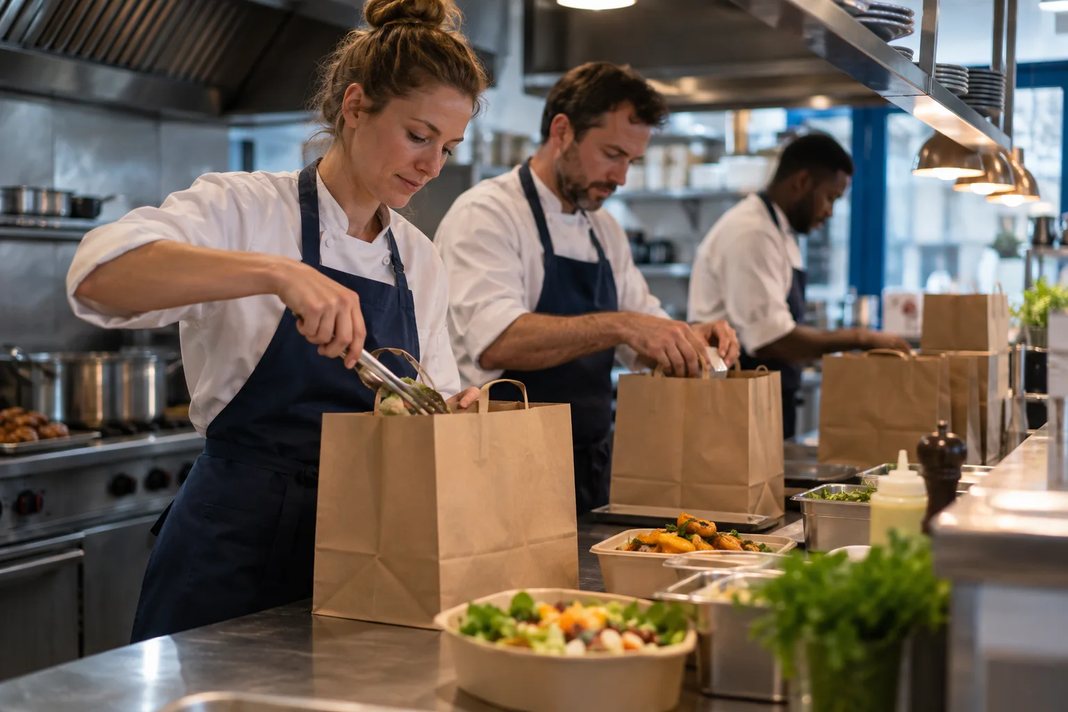 Une équipe prépare les commandes dans une cuisine professionnelle
